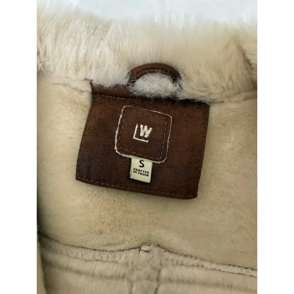 Women’s double-breasted faux shearling wrap coat- tan - size S - Picture 2 of 12